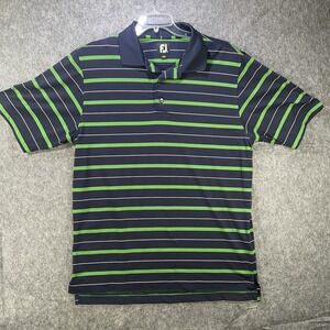 FootJoy Polo Shirt Mens Large Navy Blue Green Striped Golf Performance Stretch